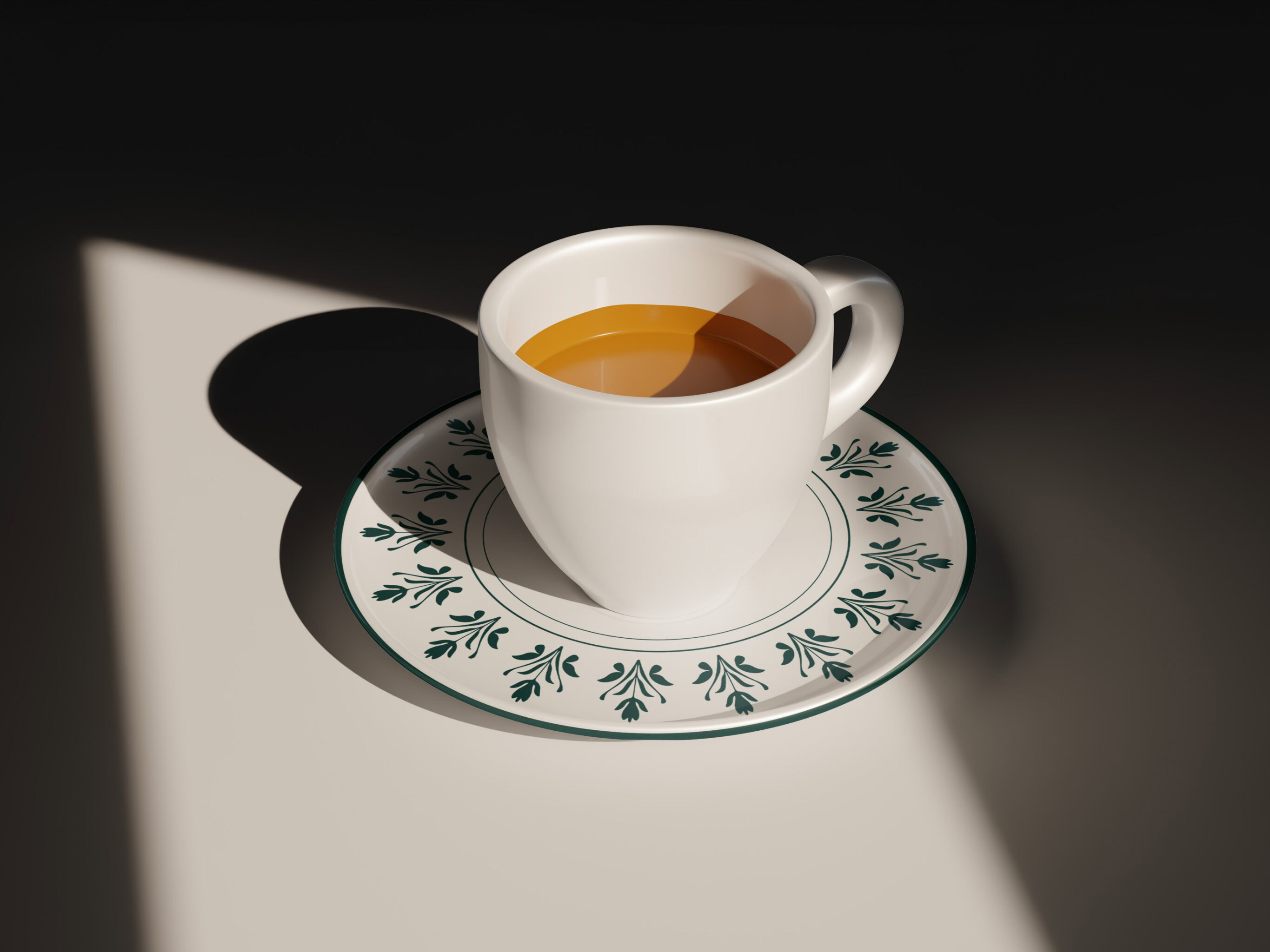 White ceramic coffee cup filled with tea on decorative saucer with teal leaf pattern