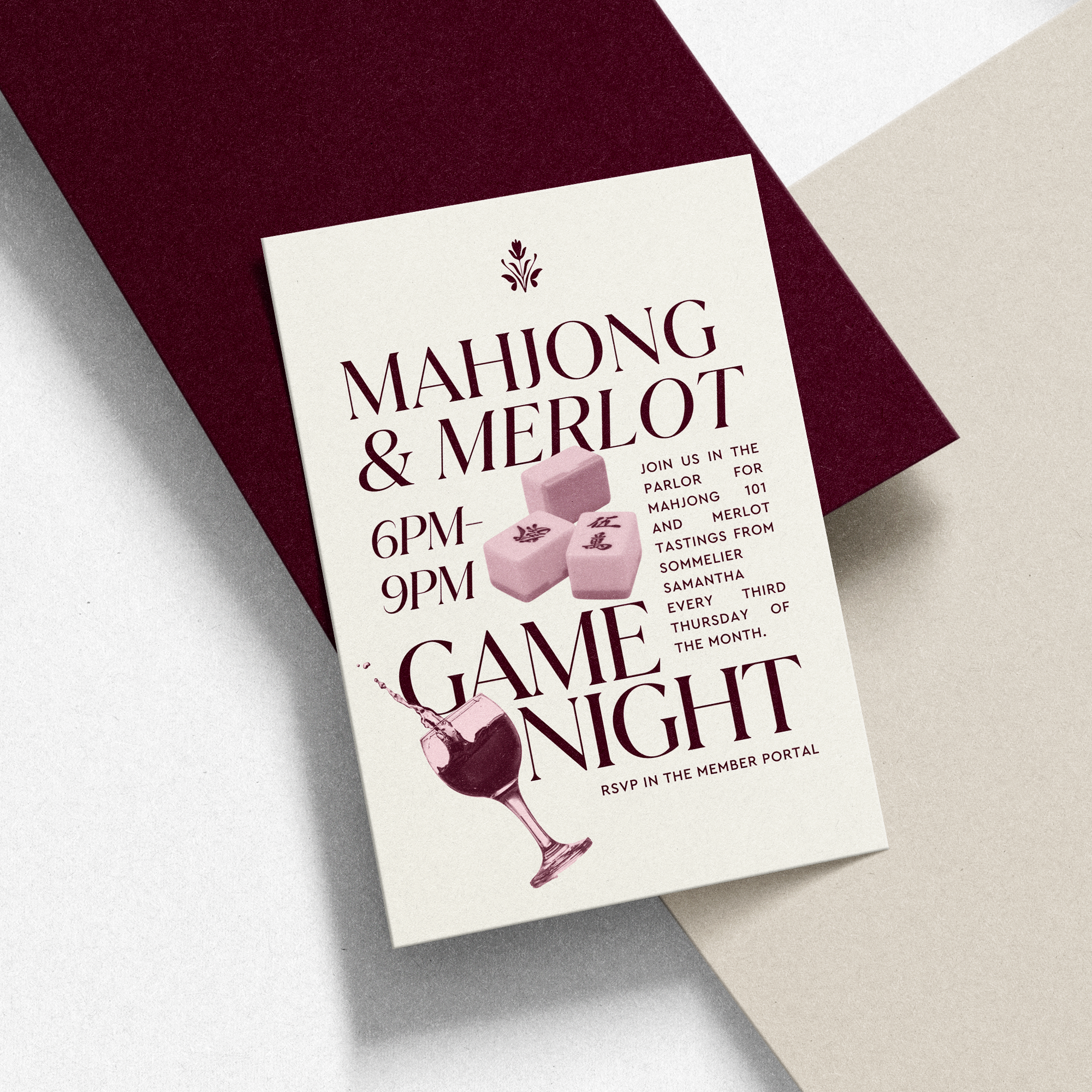 Mahjong & Merlot Game Night event invitation with mahjong tiles and wine glass on burgundy envelope