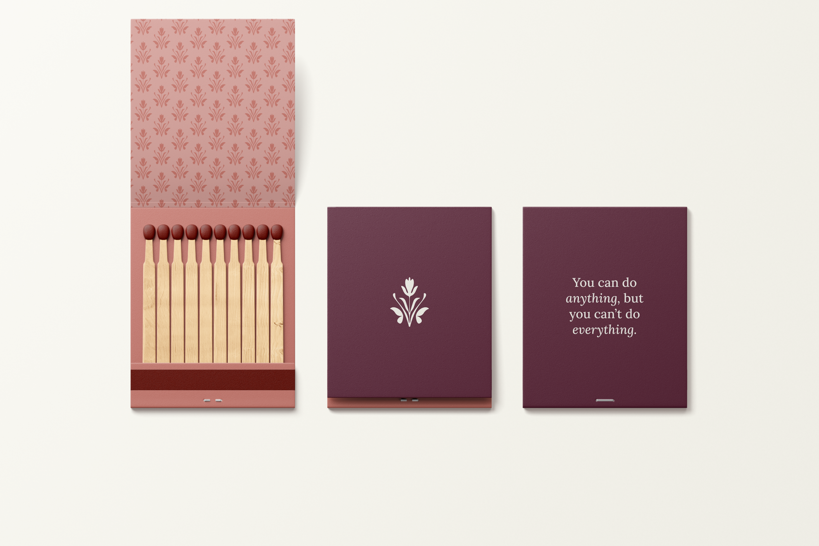 Three matchbook designs in burgundy and rose tones featuring decorative patterns, floral motifs, and inspirational messaging.