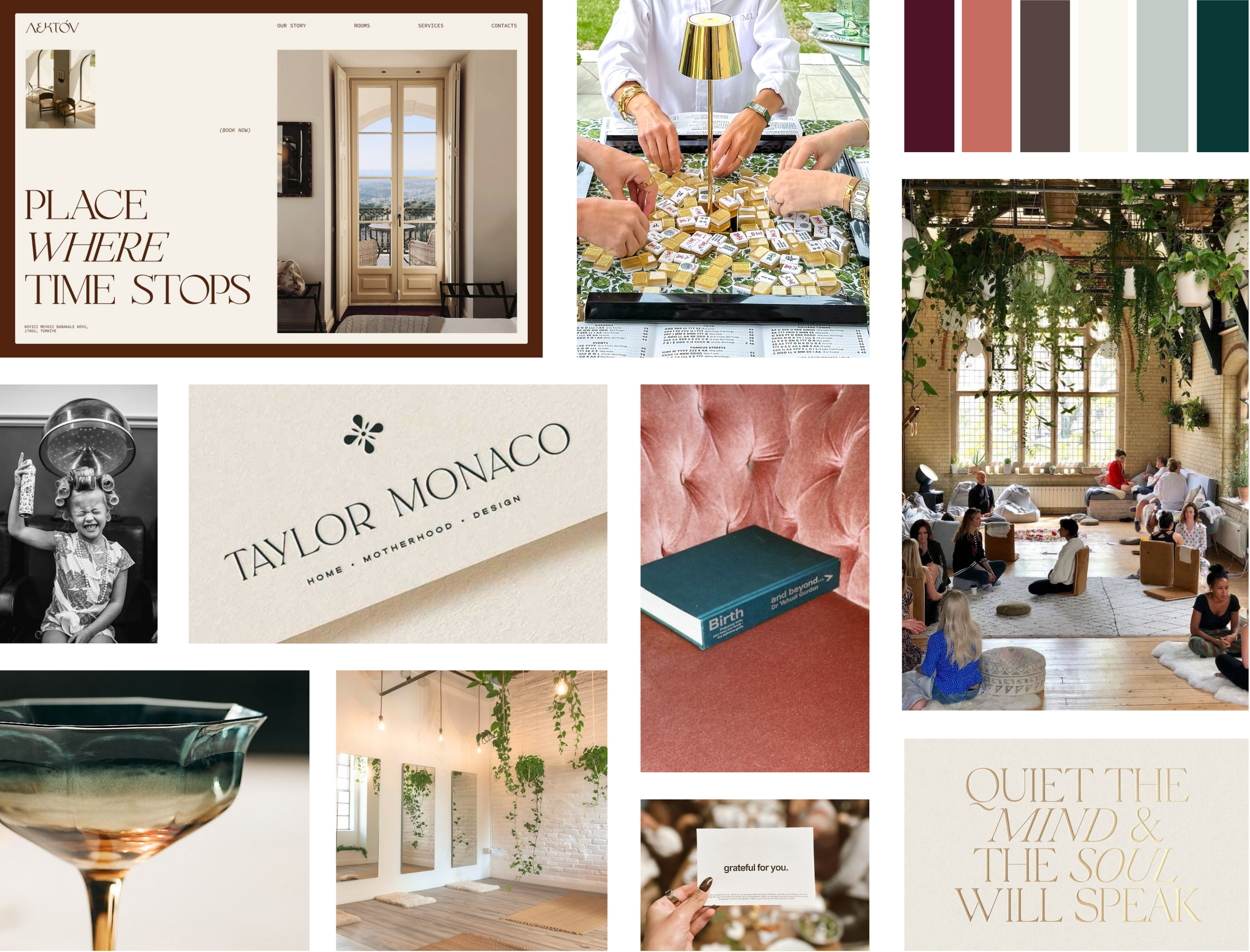 The Village brand identity mood board featuring interior design, hospitality imagery, color palette, and lifestyle photography.