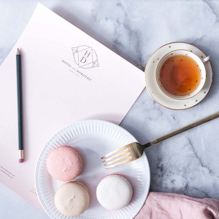 Hotel St Dorothy Leakey renovation tea cup macaroon dessert paper sample pink